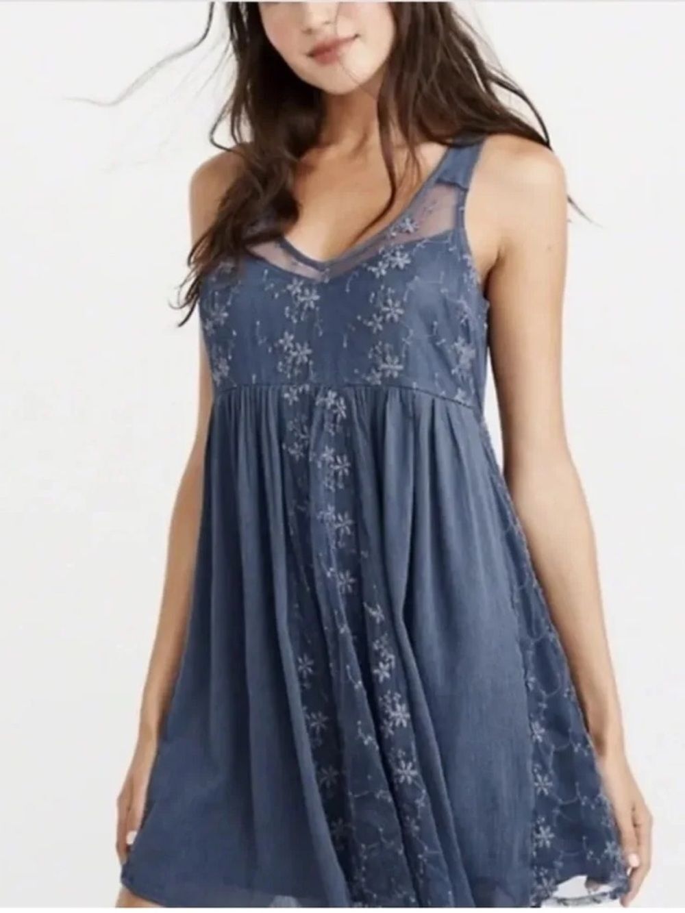 Abercrombie & Fitch Blue Floral Embroidered Lace Mini Swing Tank Dress XS NEW